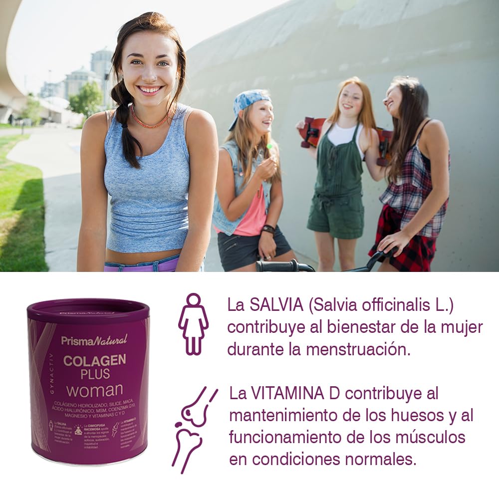 Colágeno Hidrolizado para Mujer – 300 g - Colagen Plus Woman Glucosamina, Condroitina, MSM, Calcio, Magnesio, Vitamina C y D – Complemento Alimenticio – Apoyo Mujer, Huesos y Piel - Prisma Natural