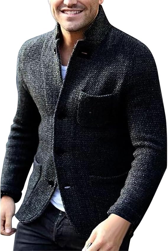 KELYWELL Men's Blazer Collar Long Sleeve Button Knit Cardigan Long Sleeve Button Down Cable Knitted Sweater with Pockets