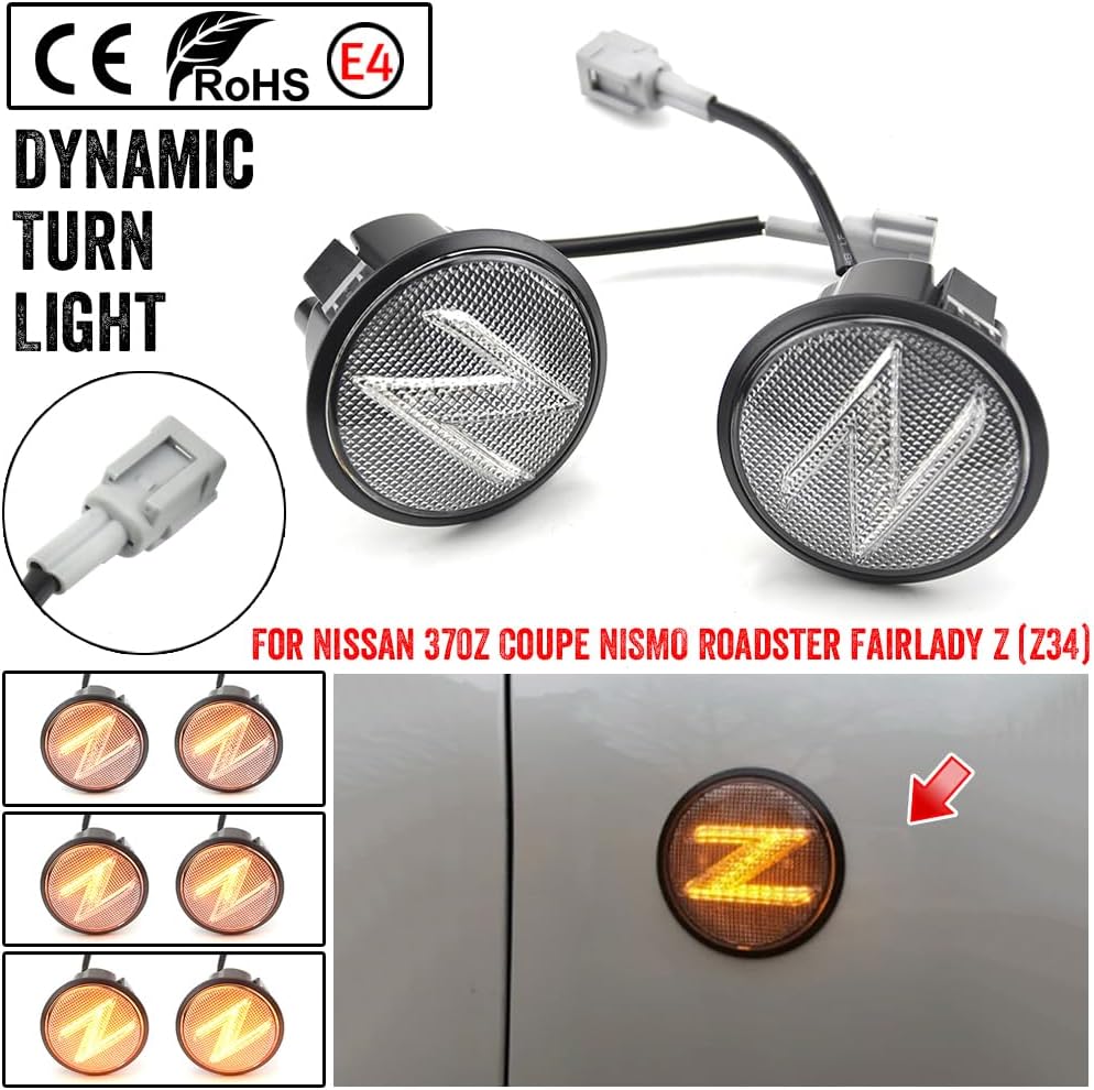 2Pcs Led Dynamic Amber Side Marker Lights Turn Signal Sequential Blinker Lamps Compatible with 370z Coupe Z34 2009-2020 Canbus (White)