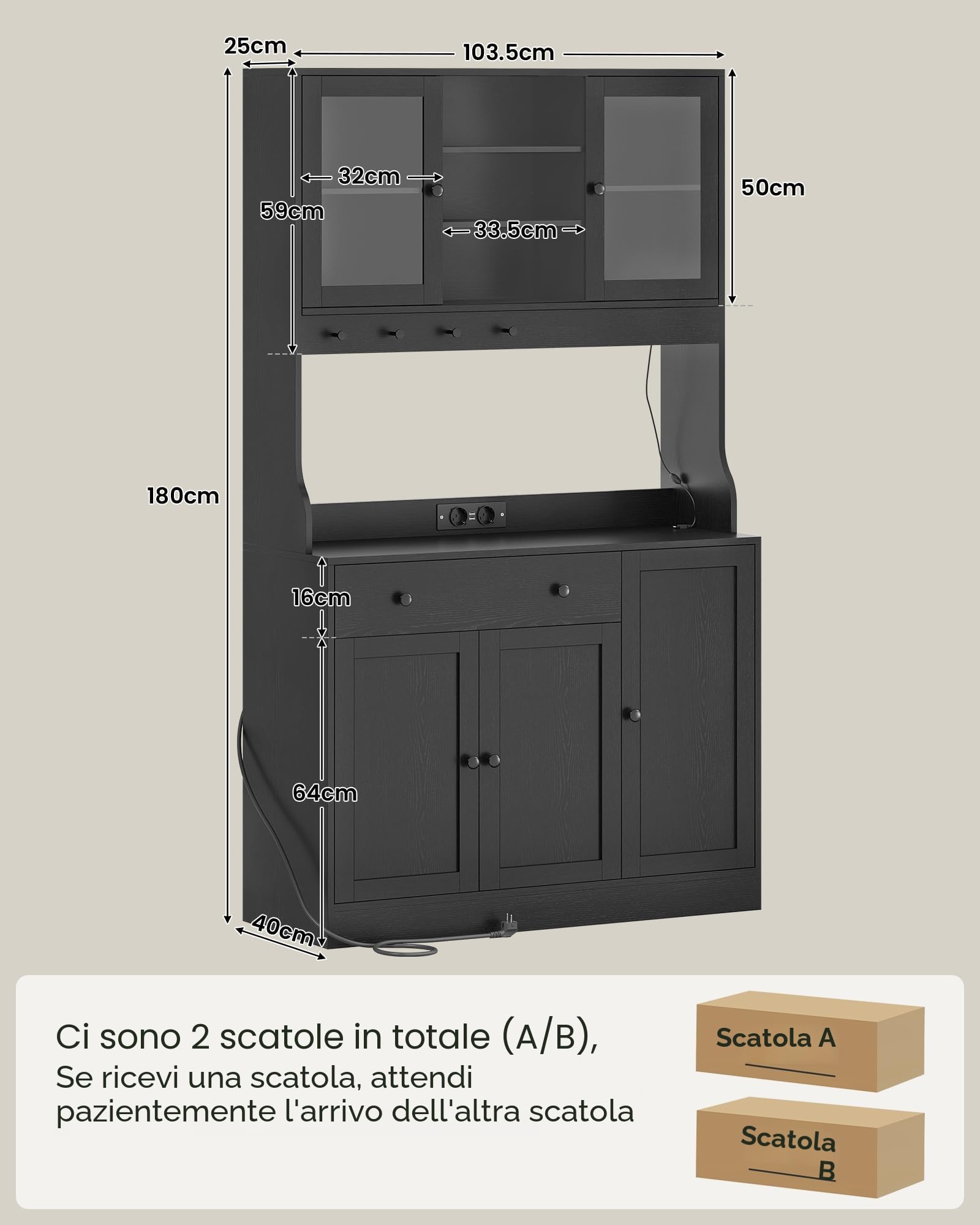 Credenza, Credenza Cucina con LED, Presa Elettrica, Ripiani Regolabili, Mobile Buffet con Cassetti, Armadio da cucina, Piano di Lavoro, Grande Spazio, Cucina, Sala da Pranzo, 103.5*40*180 cm, Nero