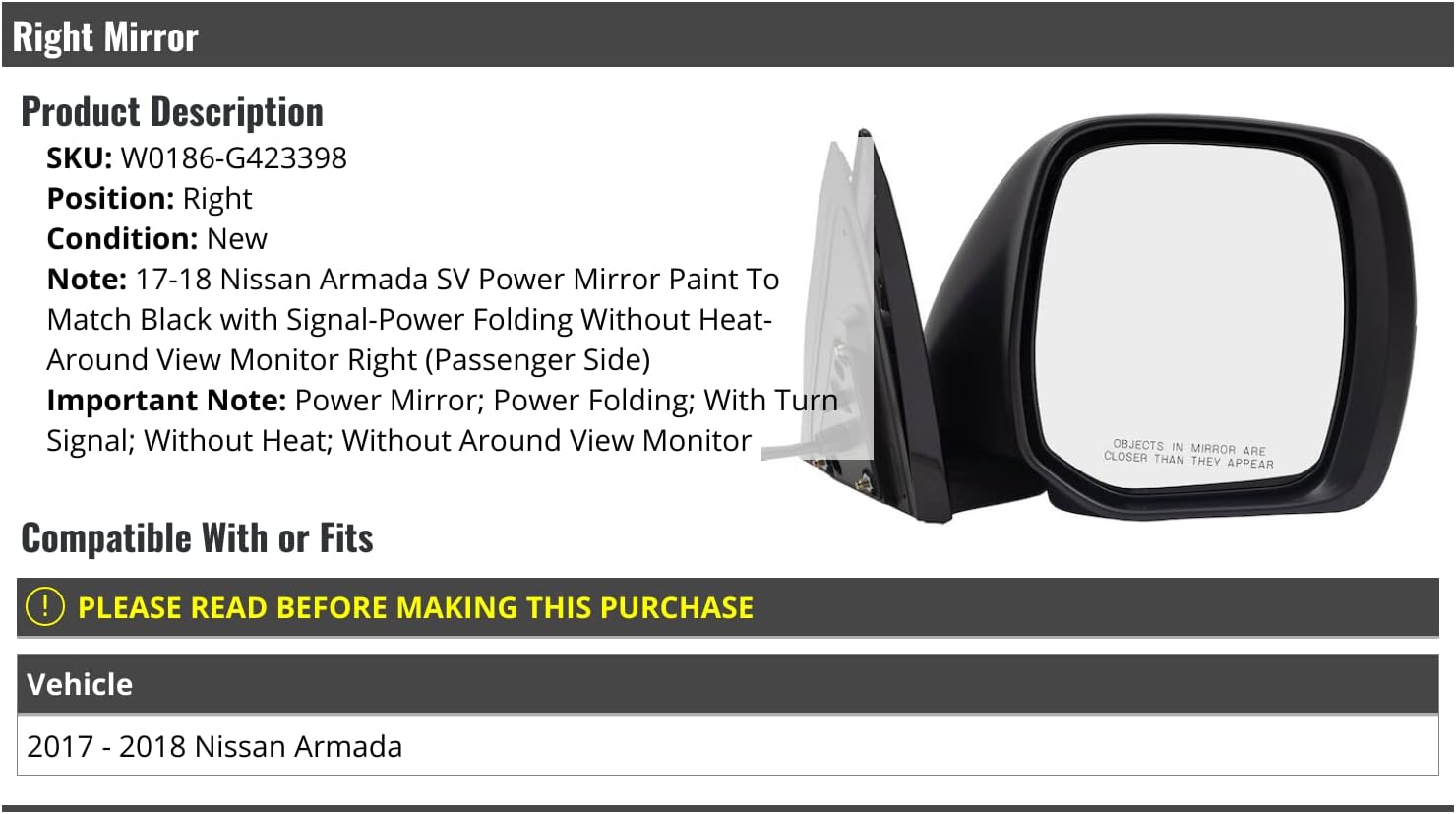 Right Passenger Side Power Mirror - with Power Folding and Turn Signal - without Heat and Around View Monitor - Compatible with 2017-2018 Nissan Armada SV
