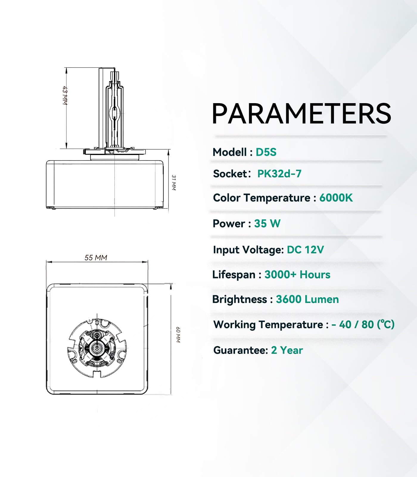LTONXEN D5S Żarówki Xenon 6000K ​​​​, 12V 35W Biała Żarówka do Reflektorów Samochodowych Zestaw Wymienny Lampy Wyładowczej HID (2 kawałki)