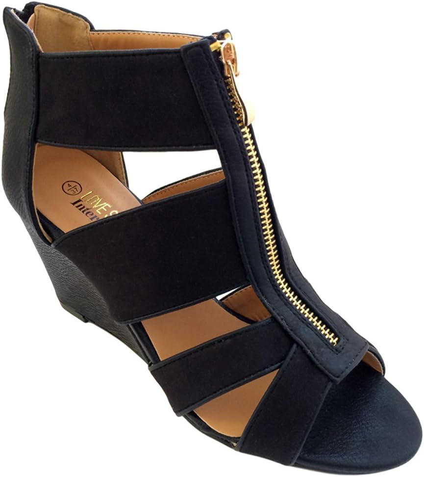 High Block Heel Strap Peep Toe Front Zip Peep Toe Suede Shoes Ladies Womens