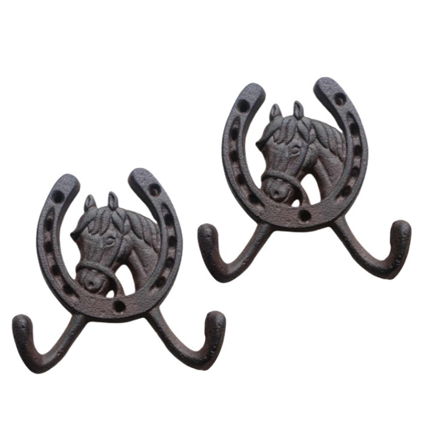 sodeber of 2 Decorative Horse Head Hangers Cast Iron Horseshoe Double Hooks Wall Mounted Decoration for Bedroom Patios Horse Head Decorative Hooks