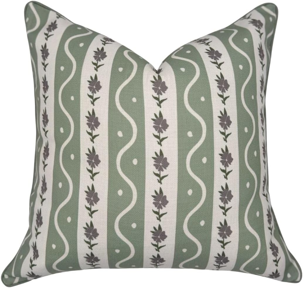 “The Tilly” Floral Block Print Pillow Cover – Green Stripes Decorative Throw Pillow Cover with White Background – Grandmillennial Home Decor, 20" x 20"