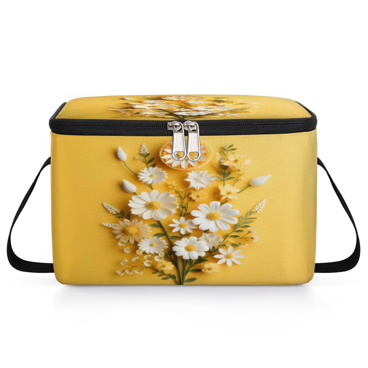 GzLeyigou White Daisy Lunch Bags for Women Men 9 Cans, Hot & Cold Food Delivery Bag Insulated Grocery Bag Insulated Lunch Box Beautiful Bouquet Cooler Bag for Office Work Picnic Beach