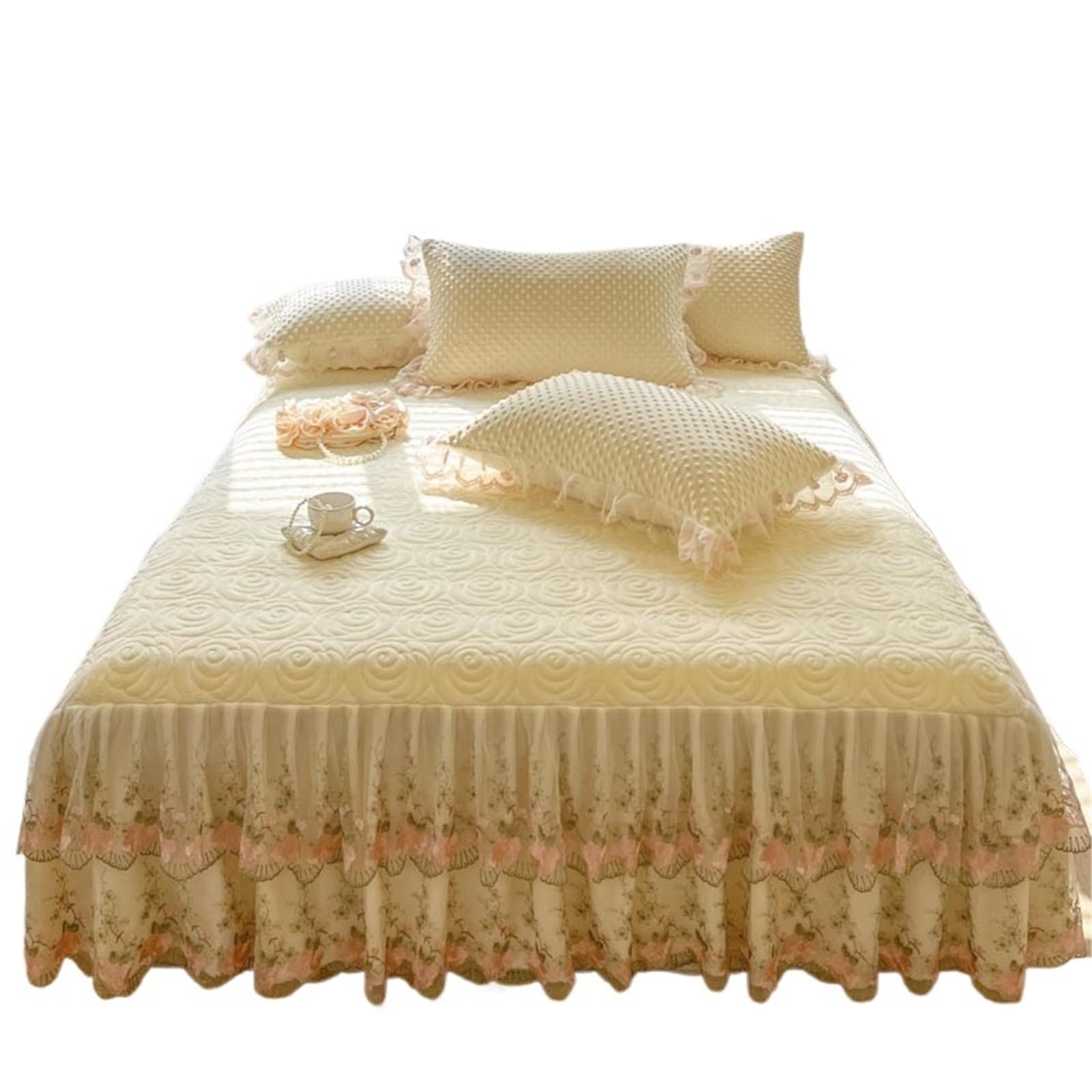 3Pcs Thickened Crystal Velvet Fitted Sheet Bed Skirt, Flowers Lace, Quilted Bedspread, Cover, Pillowcases(Yellow,180X220cm 3pcs)