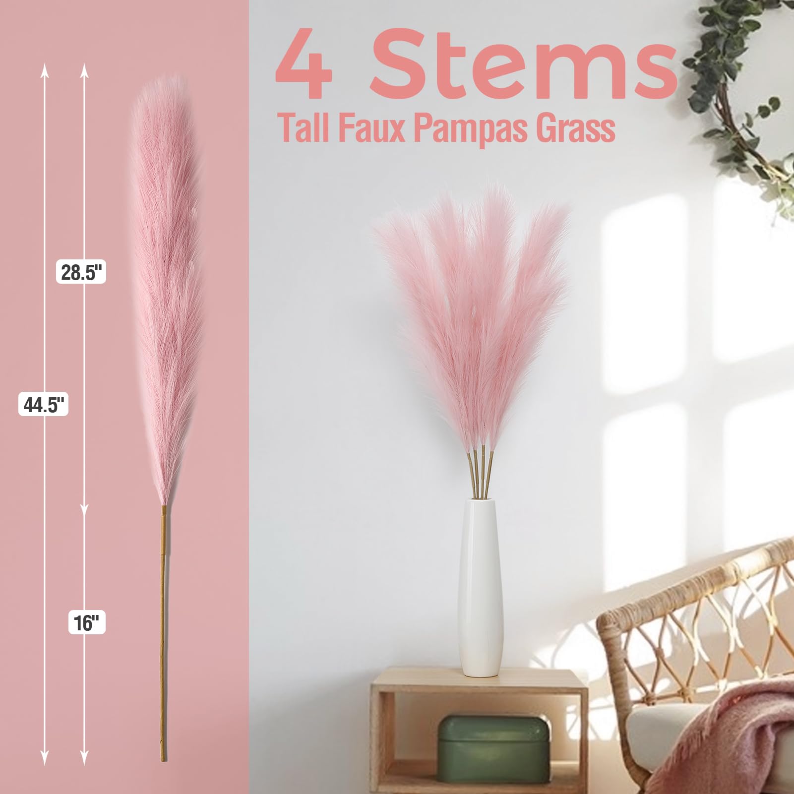 Herbe de la pampa séchée de 111,8 cm, 4 grandes fleurs séchées pour décoration, herbe de la pampa artificielle pour décoration d'intérieur, mariage bohème, rose
