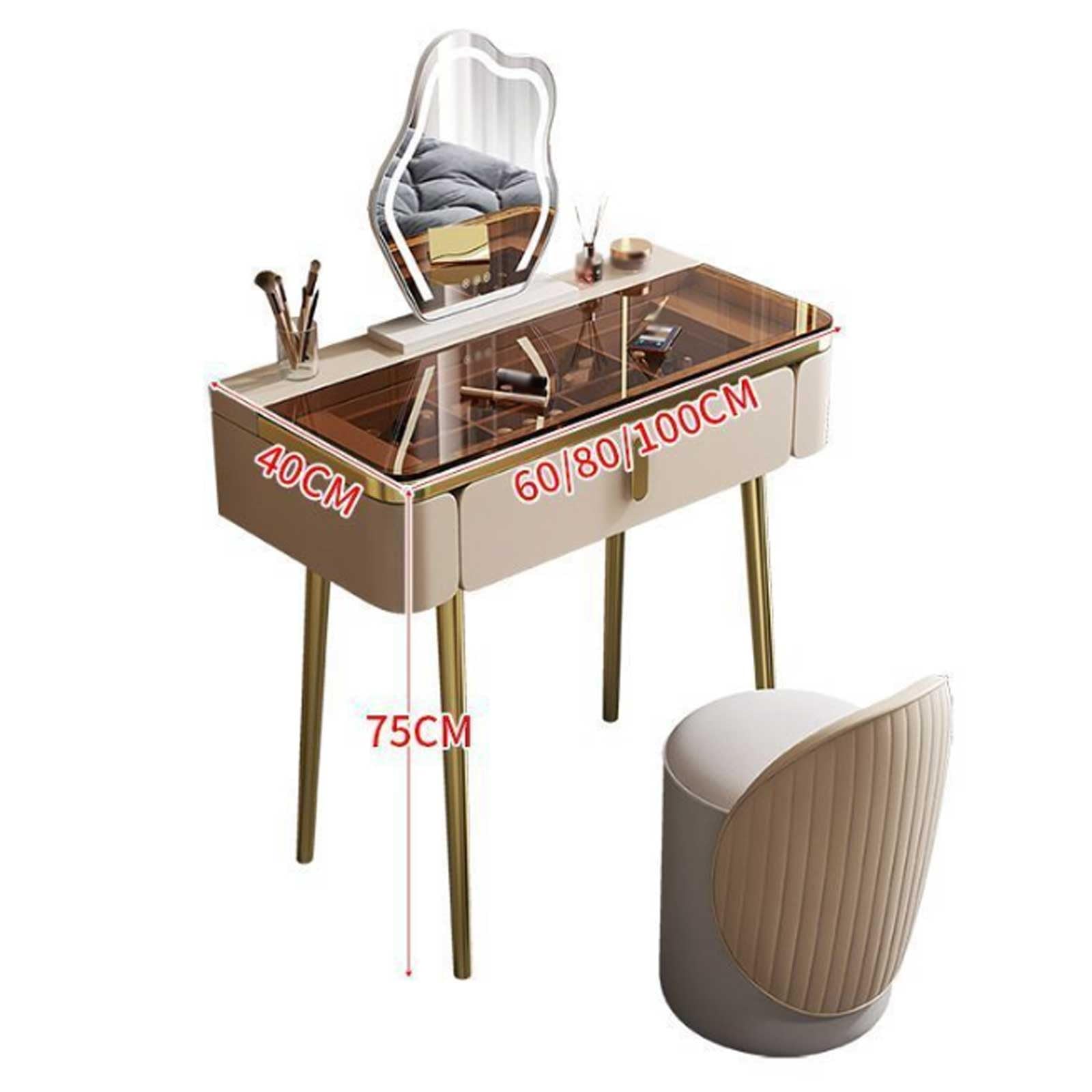 Glam Make-up-Set mit Spiegel und Stuhl, stilvoller Champagner mit Metallbeinen für Schönheits- und Make-up-Liebhaber für Mütter