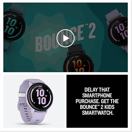Vista 7 de Garmin Bounce™ 2, reloj inteligente para niños con funciones de llamadas, mensajes y seguimiento de ubicación, morado claro Púrpura claro