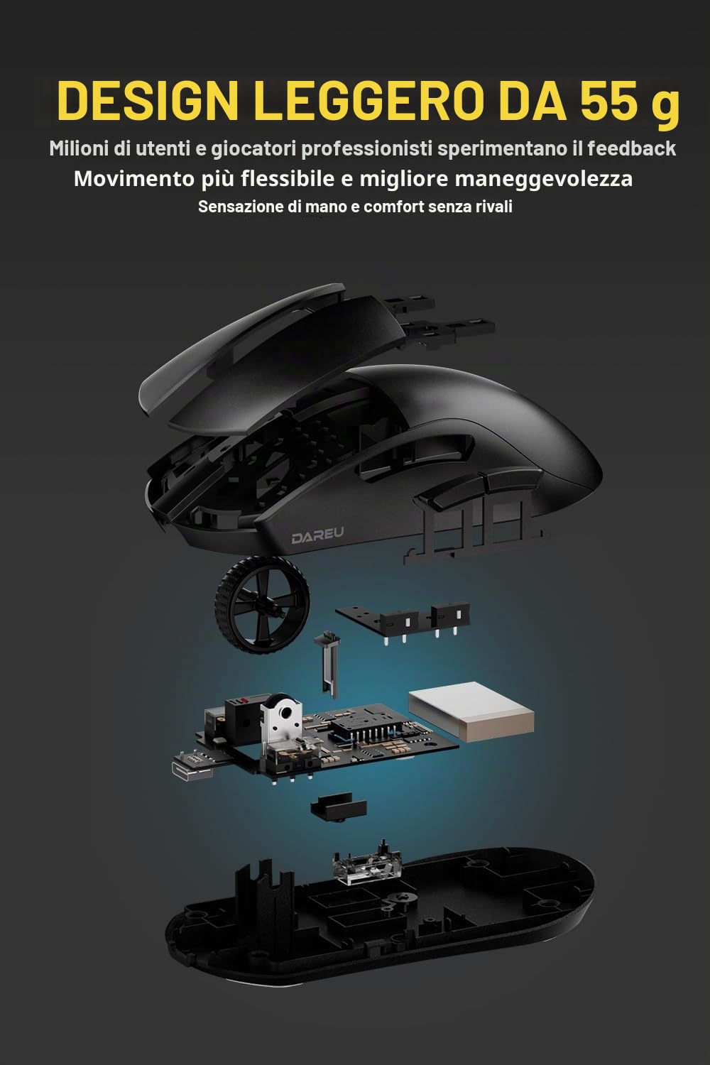 DAREU A950pro mouse gaming wireless 4K 55g ultra leggero, frequenza di polling 4 kHz, sensore ottico PAW3395, DPI 26K, 5 pulsanti programmabili, supporto 15 minuti di ricarica rapida e connessione