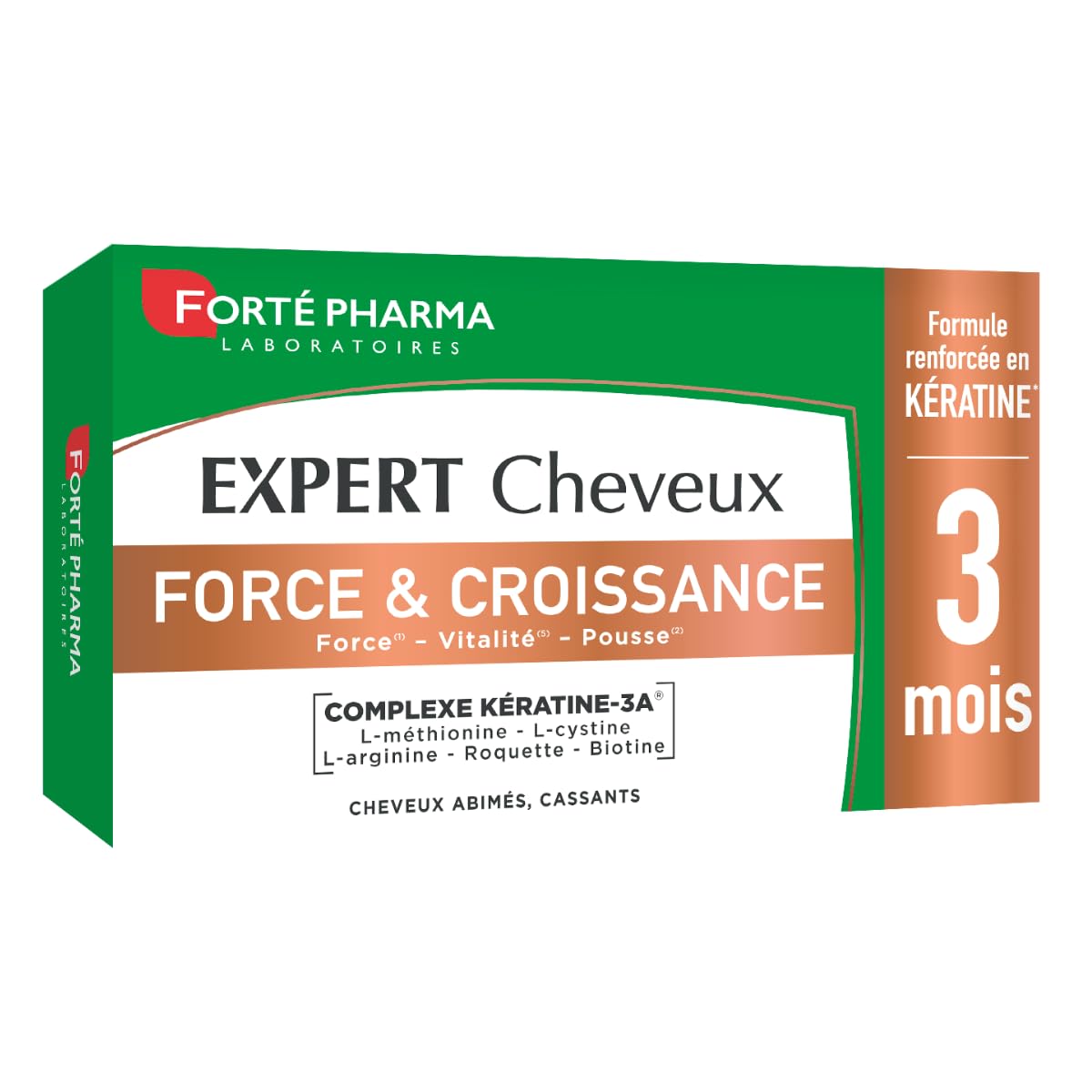 Forté Pharma - Expert Cheveux Force & Croissance - Complément alimentaire Vitalité capillaire pour cheveux abîmés, cassants - Biotine, L-​cystine, Roquette, renforcé en Kératine - 90 comprimés, 1/​jour