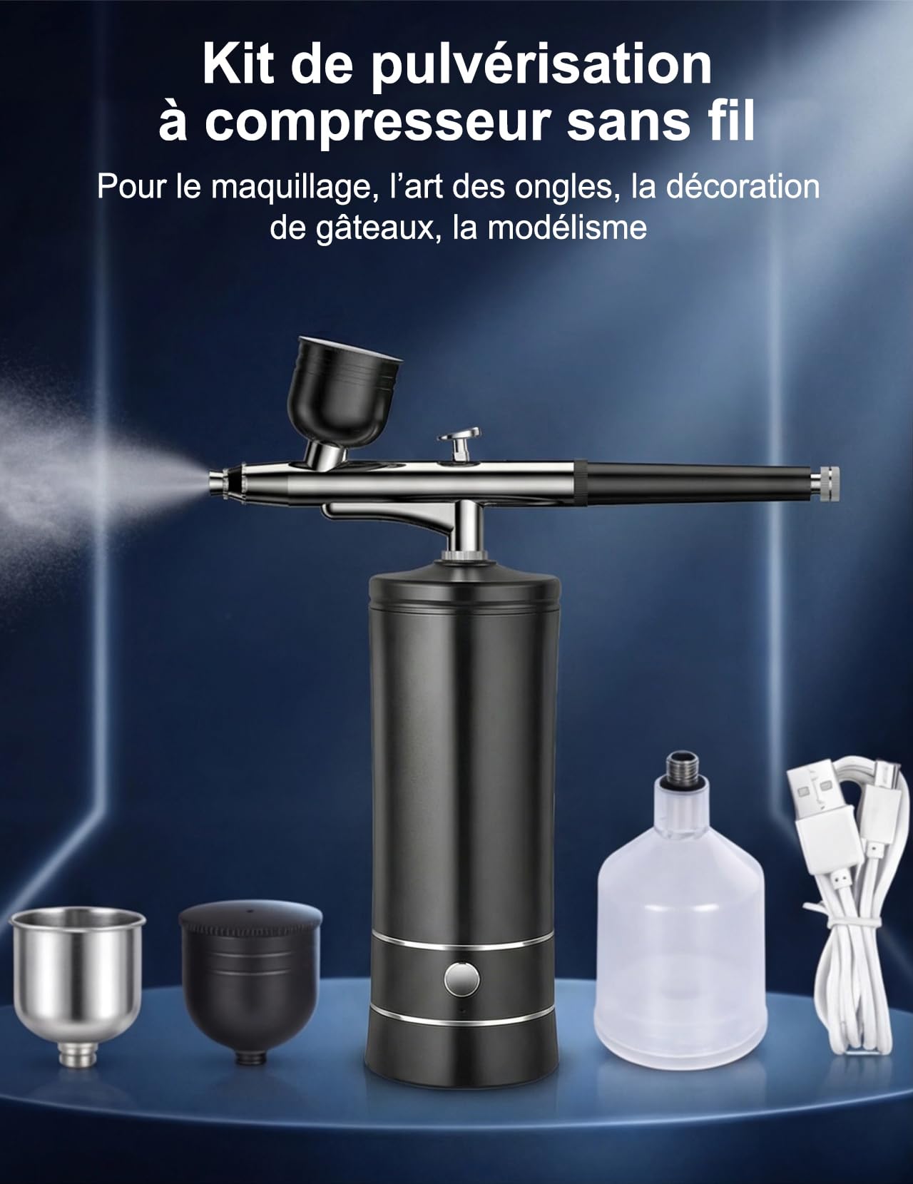 Kit aérographe avec compresseur sans fil, Standard | 800 mAh, 6-8 μ brume fine, 160-200 kPa, Double action, 3 gobelets Type-C pour nail art, maquillage, gâteaux, modélisme