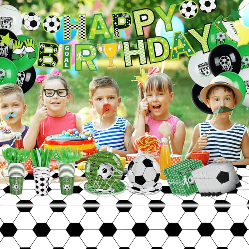 185 Pcs Soccer Party Decorations Soccer Birthday Party Decorations Serves 24, with Plates Napkins Cups Fork Knives Spoon Tablecloth Banner Balloons Sports Soccer Decorations for Party - image 4