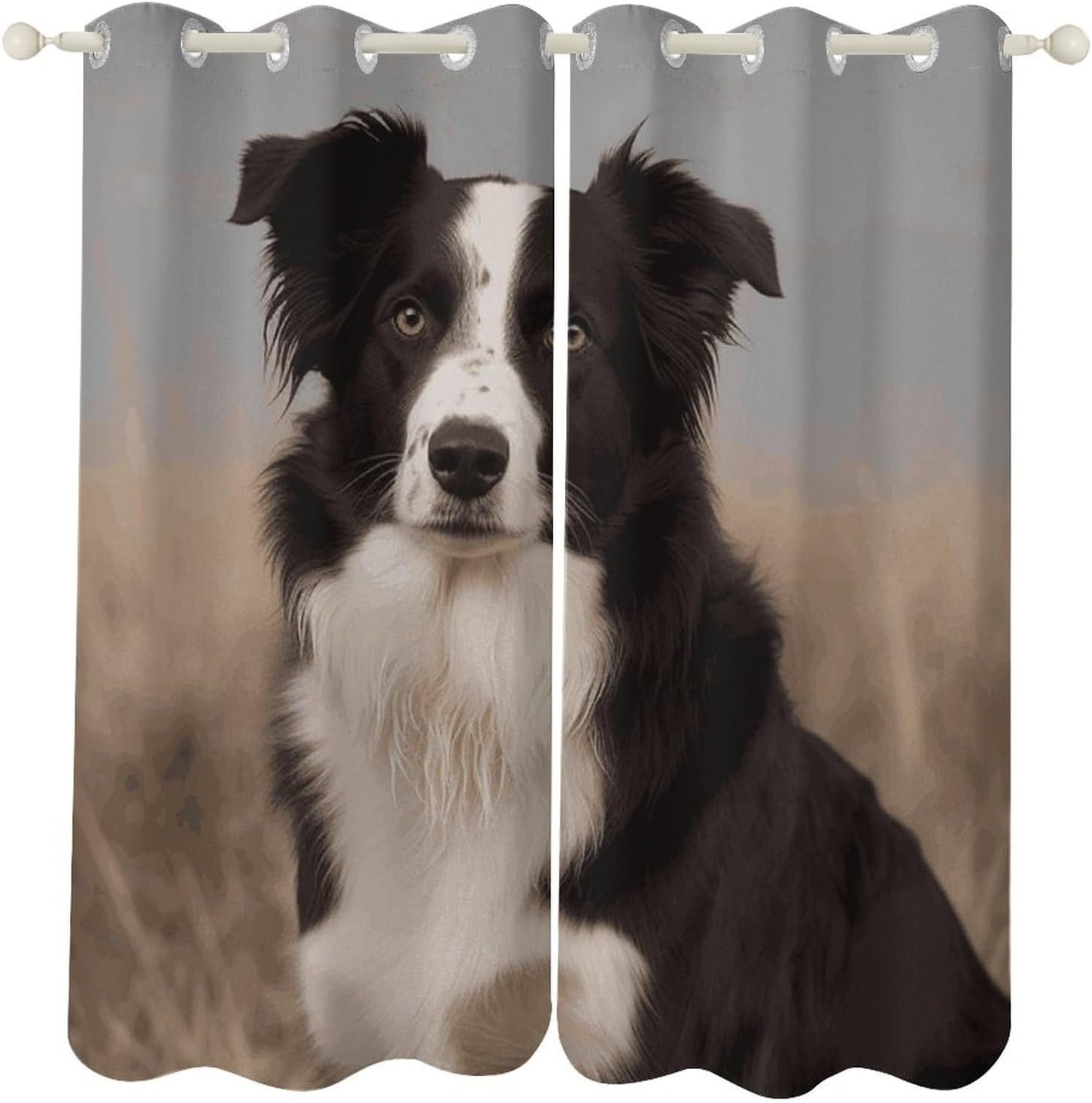 Border Collie Printed Perforated Curtains, Insulated Curtains for Winter, Thermal Drapes are Suitable for Most Windows, Balconies