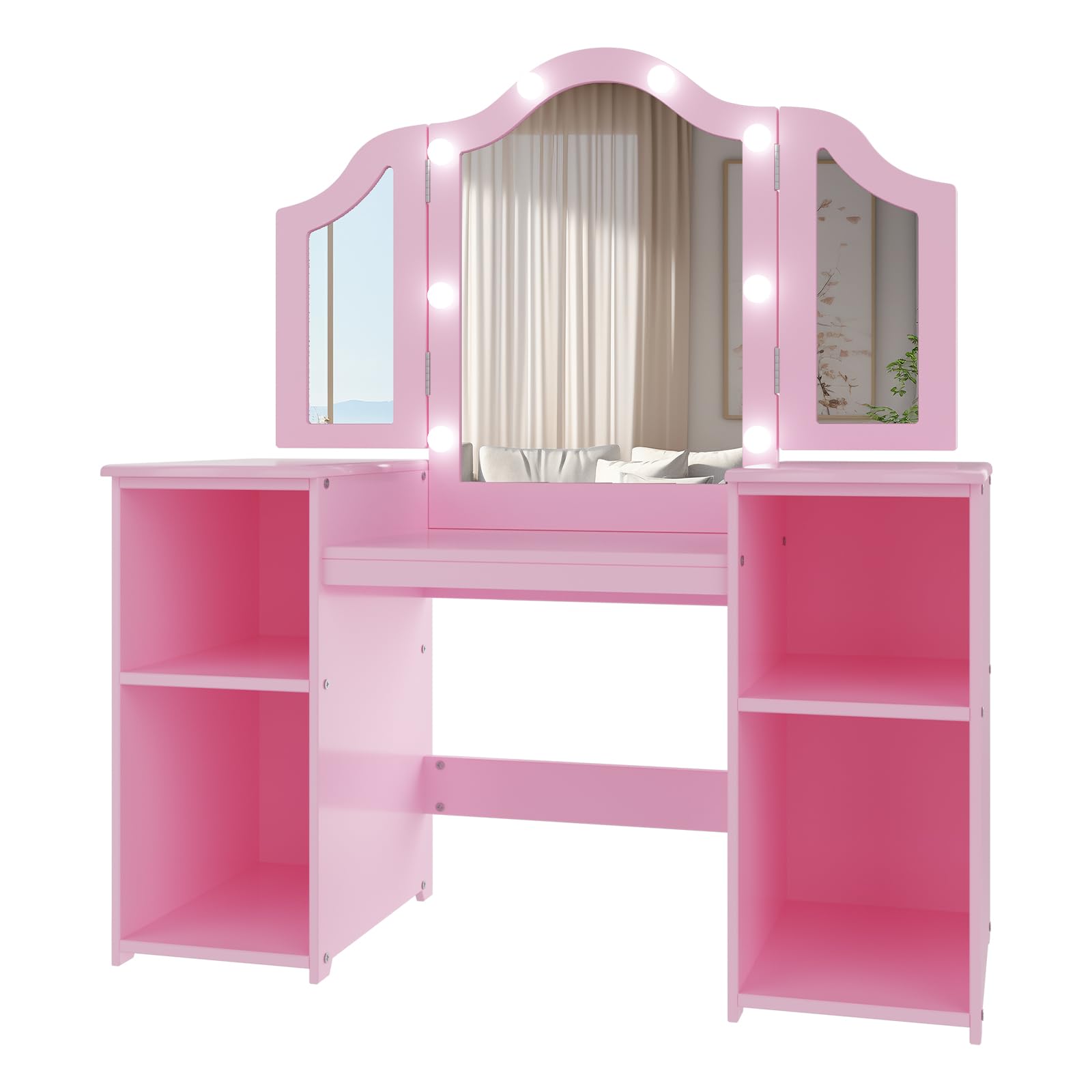 Set di tavolo e sedia da trucco principessa per ragazze, scrivania in legno per bambini con specchio illuminato pieghevole in tre parti, cassetto portaoggetti, piano staccabile, sedia con