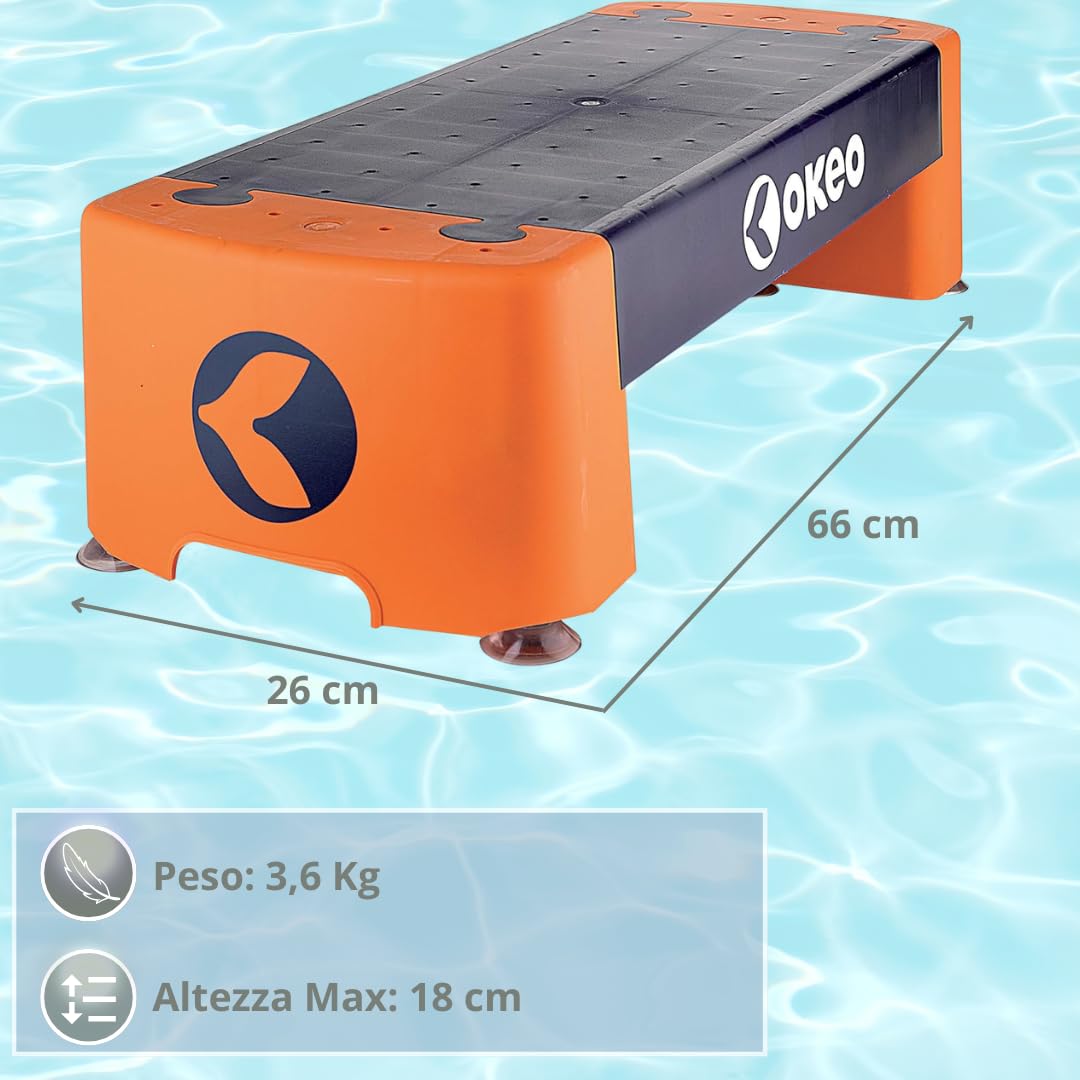 Okeo Aqua Step, Step Acquatico, Base Antisdrucciolo, 6 Ventose, Leggero e Compatto, Ideale per vasche Profonde, 66x26 cm