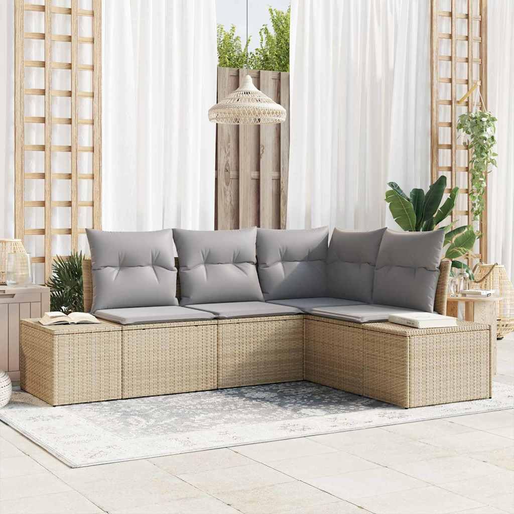 Conjunto jardín sofá ratán sintético Beige Modular 4 plazas con Cojines Desmontables para terraza Patio Exterior Ideal para reuniones Ocio Descanso y Barbacoa