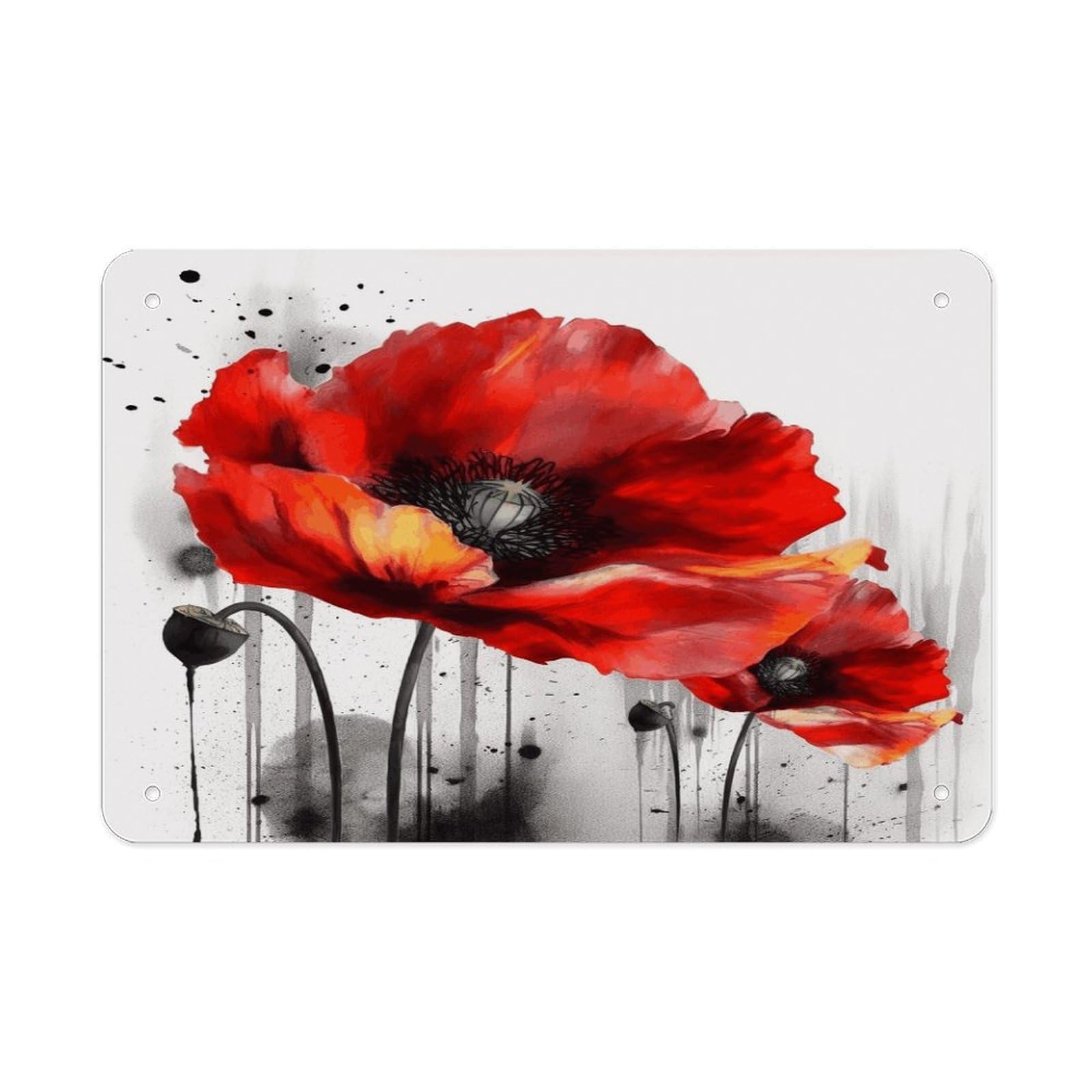 Beautiful Poppy Flower Ink Metal Tin Sign 12"x8" Wall Art Prints Poster Decorative Picture Metal Signboard Decor Painting Folded Edge Iron Sheet Painting with Holes for Wall Decor