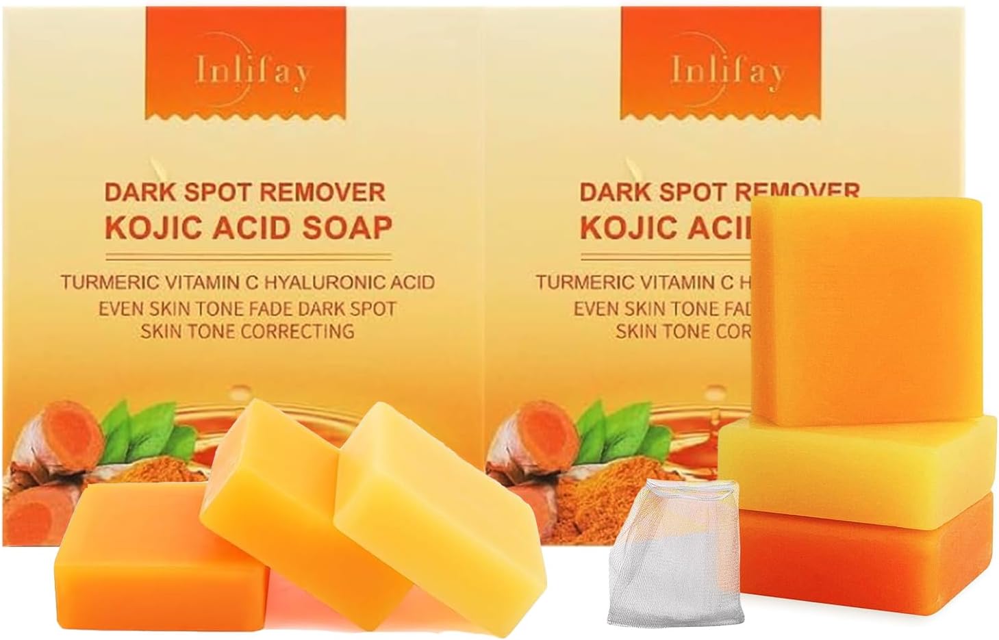 Inlifay Turmeric Soap for Dark Spots: Kojic Acid Soap for Women with Hyperpigmentation - Home Travel Use Skin Cleansing Size: 1.17 Ounce (Pack of 6)