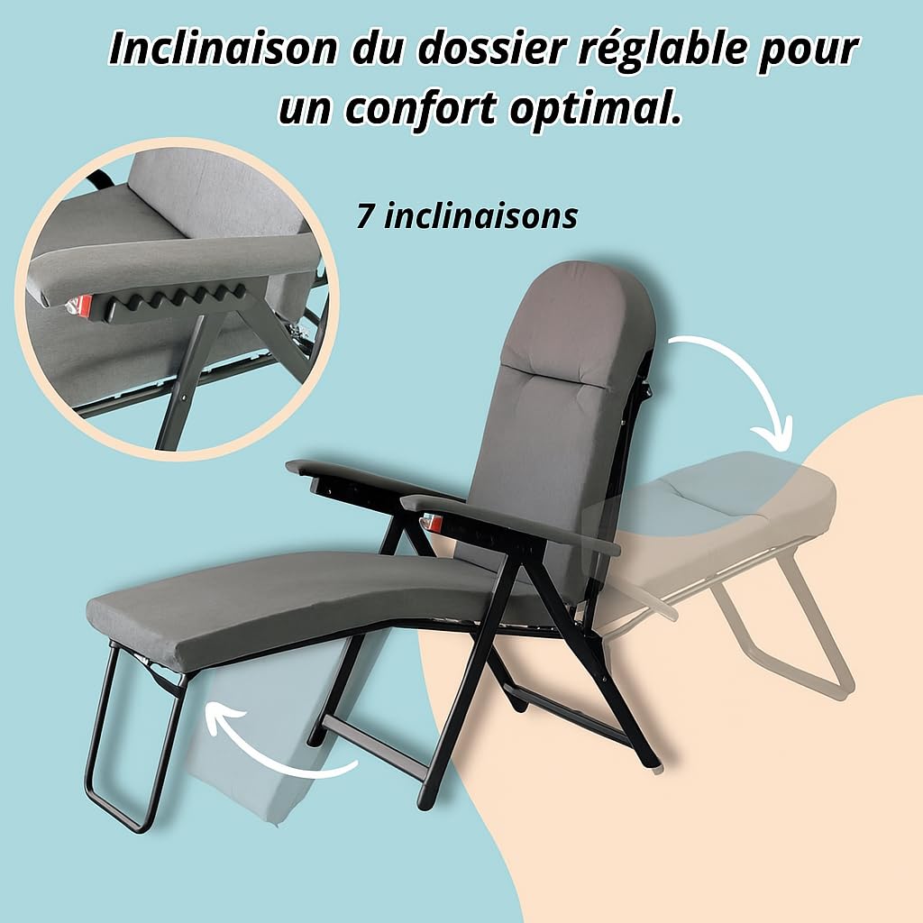 Tomaino - Chaise longue rembourrée extérieure intérieure avec repose-pieds - Fauteuil relax inclinable jusqu'à 180° - Coussin doux pliable pour maison, jardin, balcon (gris)
