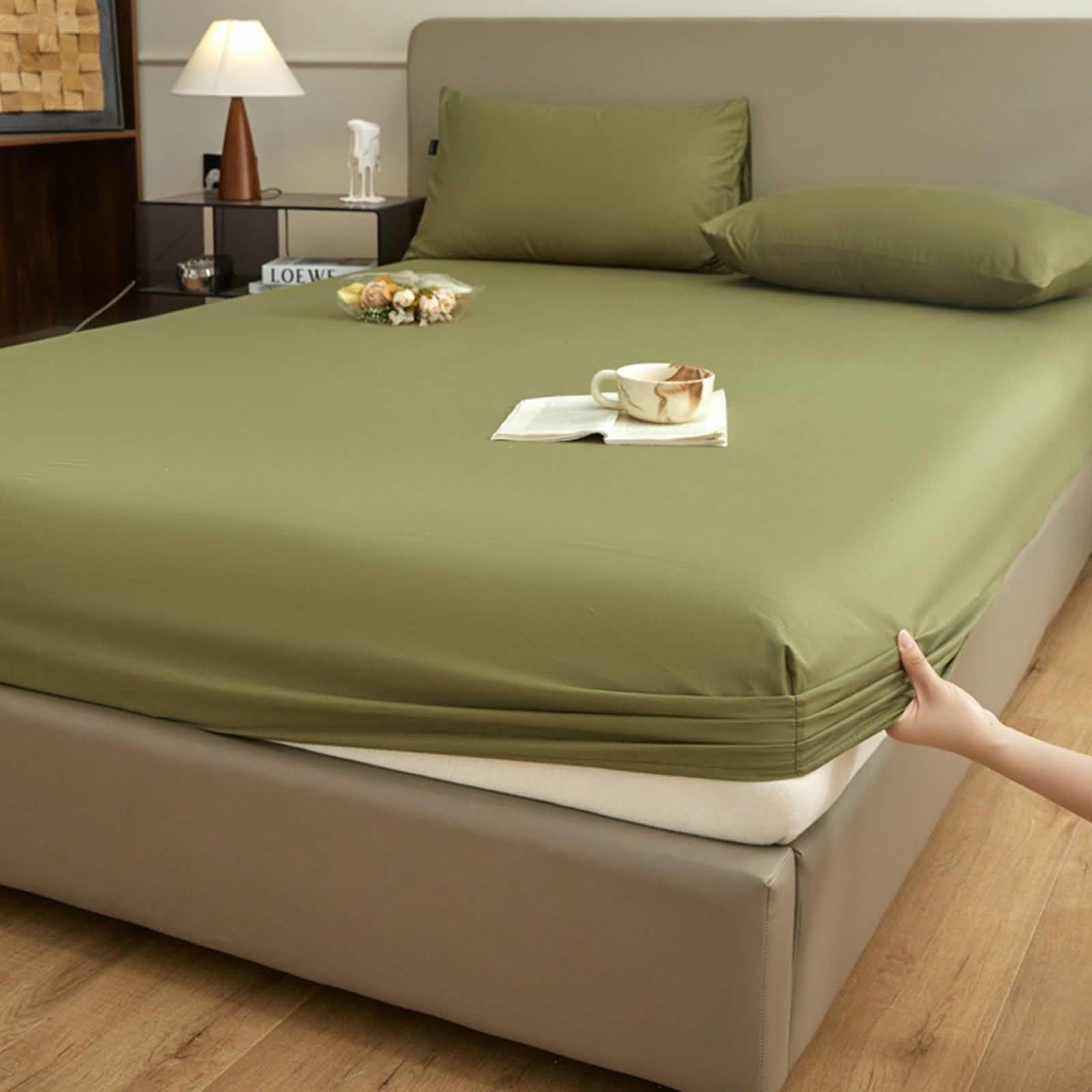 Lenzuolo Con Angoli E Federe 220x200-Completo Lenzuola 3 Pezzi in Cotone-2 Federa 48x74-Lenzuola Super King (200x220cm) Size, Verde Oliva