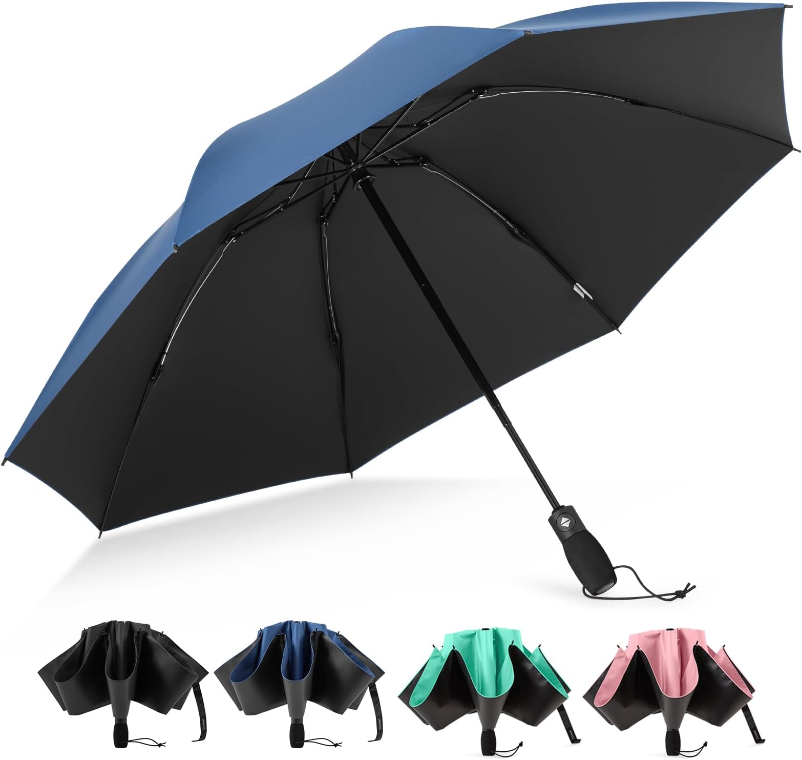 46in Compact Umbrella Windproof Strong Rainproof, 190T Black Rubber Travel Umbrella with UPF50+ Protection, 8 Ribs Auto Open Close Folding Umbrellas with EVA Handle