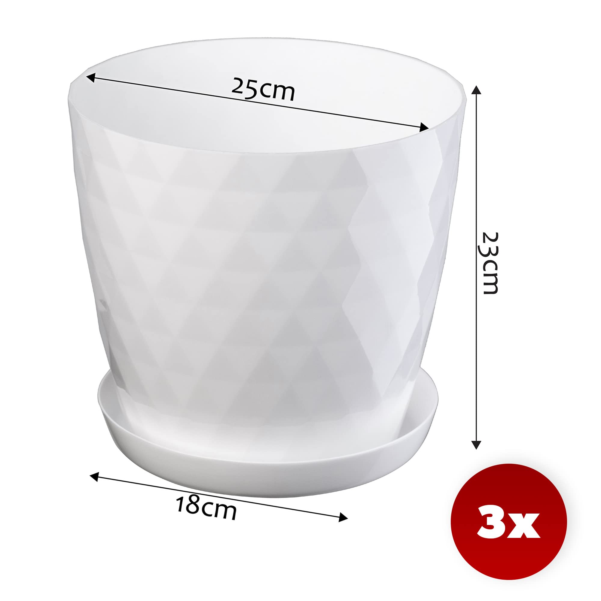 KADAX Pot de Fleurs en Plastique avec Soucoupe, Pot de Plante pour Une Décoration Florale Moderne dans l'espace Interieur (Lot de 3 : Blanc, 25 cm)