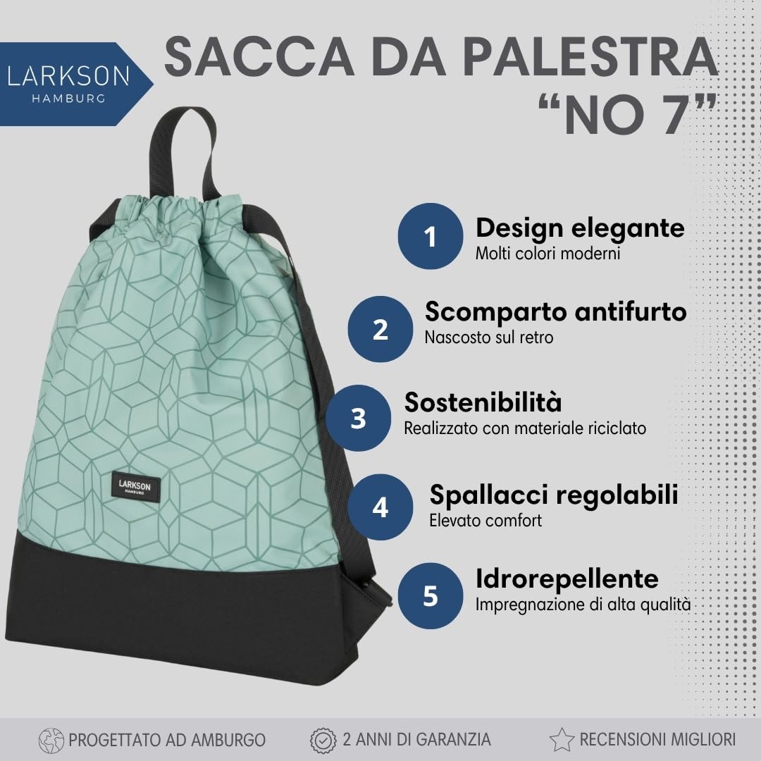 LARKSON Zaino Donna Uomo Verde Menta - No 7 - Sacca da Palestra - Borsa Sportiva Piccola Versatile con Tasca Interna - Materiale Riciclato