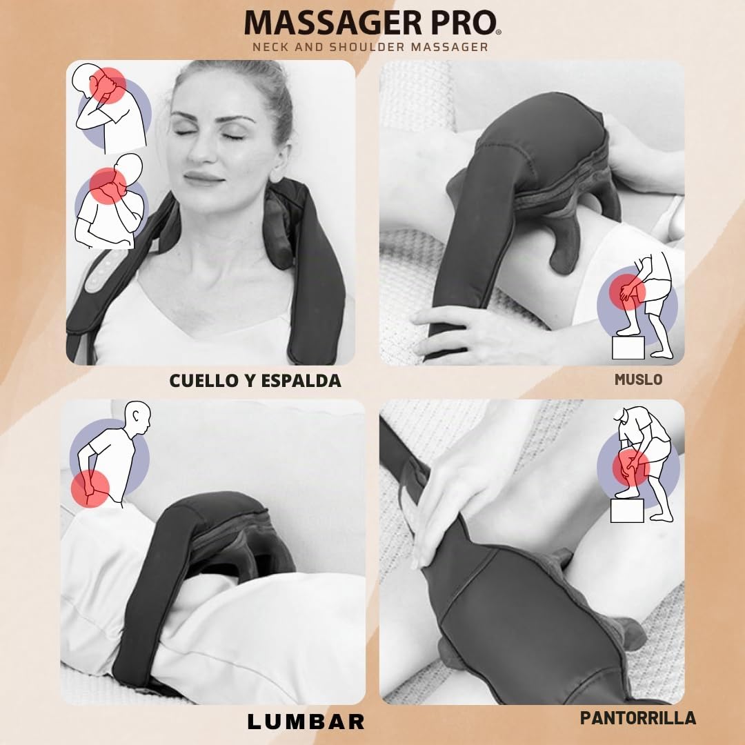 Masajeador de Cuello y Hombros Massager Pro, Función de Calefacción, Masajeador Cervical, Alivia tensiones y dolores en el cuello, hombros, 3 velocidades, Inalámbrico y recargable