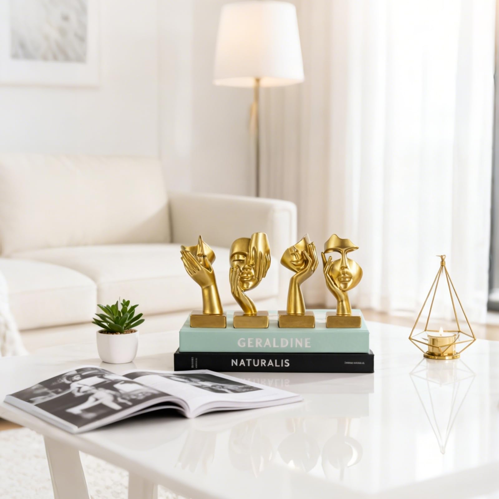 Set di 4 statuette dorate astratte, scultura moderna design per soggiorno, oggetti decorativi per casa, decorazioni libreria, statuette per scaffale, scrivania e tavolino (Oro)