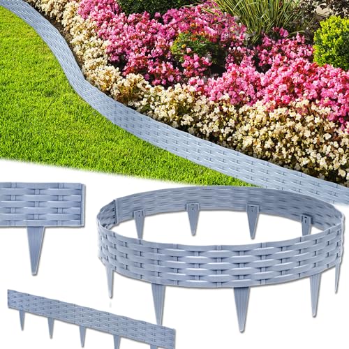 VA-Cerulean Kunststoff Rasenkante,20M Rattan-Optik Beeteinfassung,Beetumrandung Palisade,Gartenpalisade,Beetzaun,Randsteine,Grau,1 Element (L x H): 100 x 20cm,20 Stück