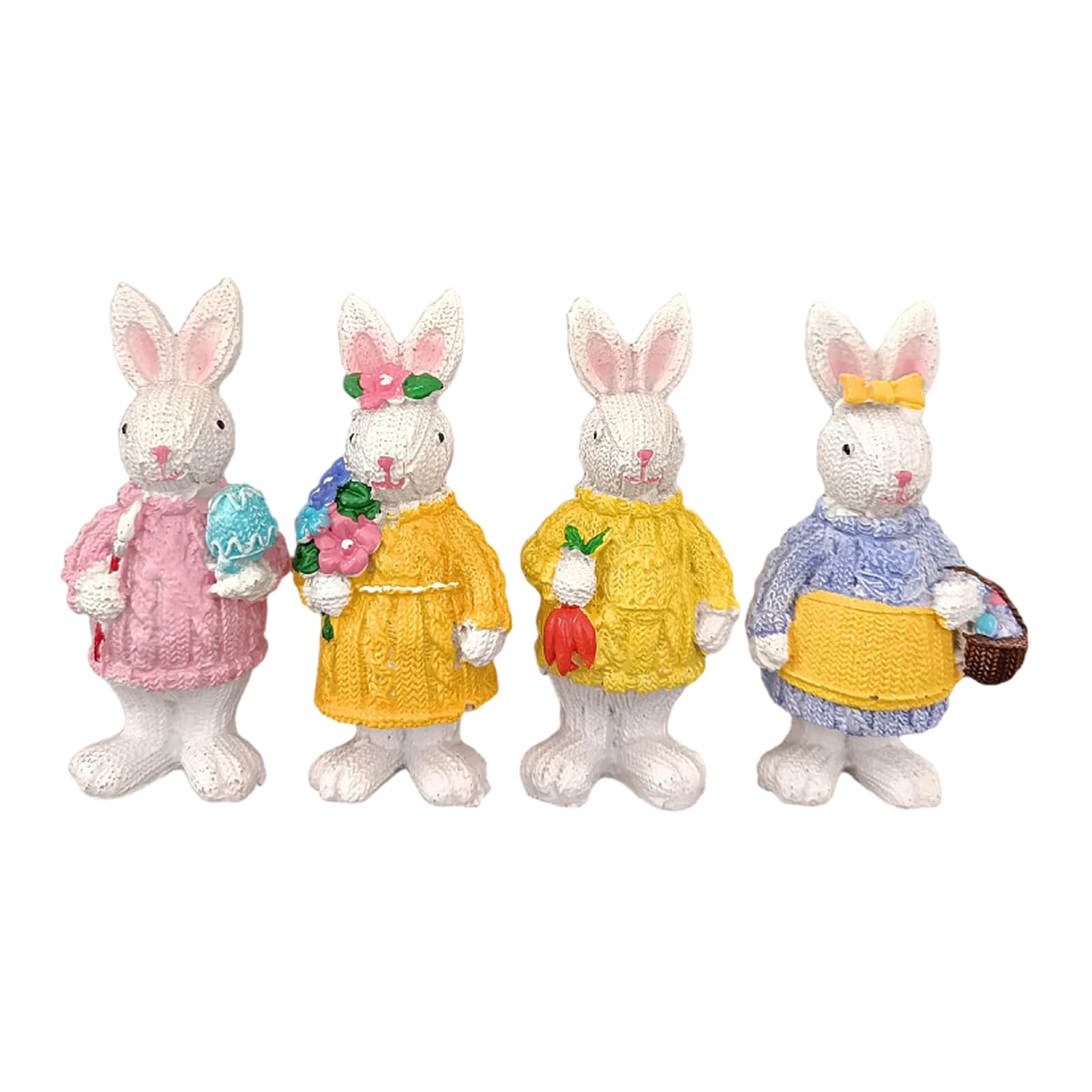 Glifora 4Pcs Easter Bunny Figurine - Holding Flower Egg Knitted Sweater Rabbit Statue, Spring Easter Holiday Party Decoration Ornament