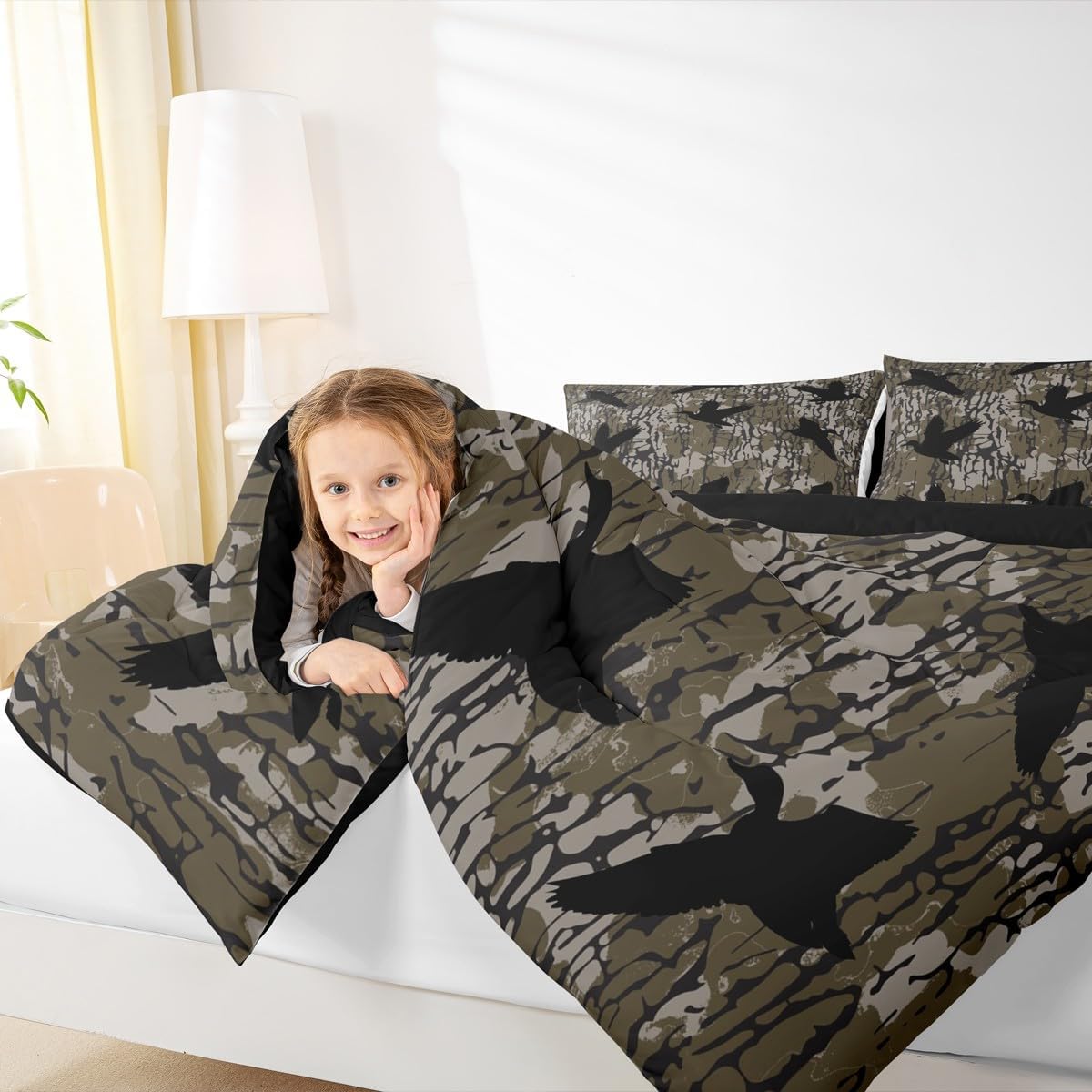 Feelyou Duck Camo Bedding Set Toddler Size Army Camouflage Comforter Set for Kids Teens Adults Duck Hunting Camo Duvet Quilt Wild Animal Rustic Room Decor 2Pcs with 1 Pillow Case All Season Soft