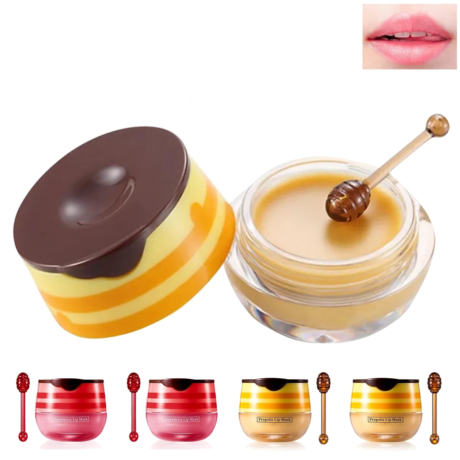 4PCS Strawberry & Honey Bee Lip Balm, Moisturizing Lips Mask for Day and Night Care Set