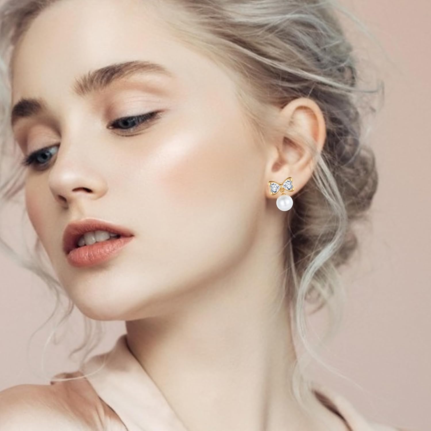 Hypoallergenic Bow Earrings for Women Trendy: 925 Sterling Silver Pearl Earrings White Gold/Gold Cubic Zirconia Earrings Studs for Sensitive Ears Christmas Jewelry - Image 3