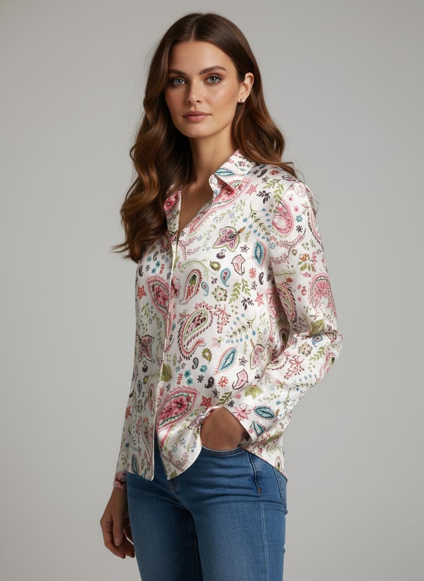 ANNI Designer Bedrucktes Damenhemd aus Baumwollmischgewebe, langärmelig, normale Passform, Kragen, legere Bürokleidung, elegante Western-Kleidung für den Alltag, Hochzeit, Party