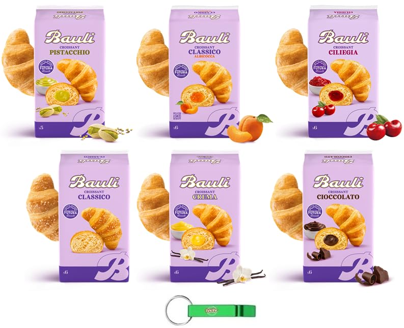 Bauli Cornetti - Kit de prueba de croissants para tarta de brioche, 100% italiano, 6 sabores diferentes (paquete de 35 croissants) + llavero Beni Culinari gratis