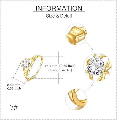 Miniatura 4 de ELFRONT Anillo de oro macizo de 14 quilates con corazón irlandés Claddagh joyería celta con moissanita para mujer, promesa de lealtad, compromiso,