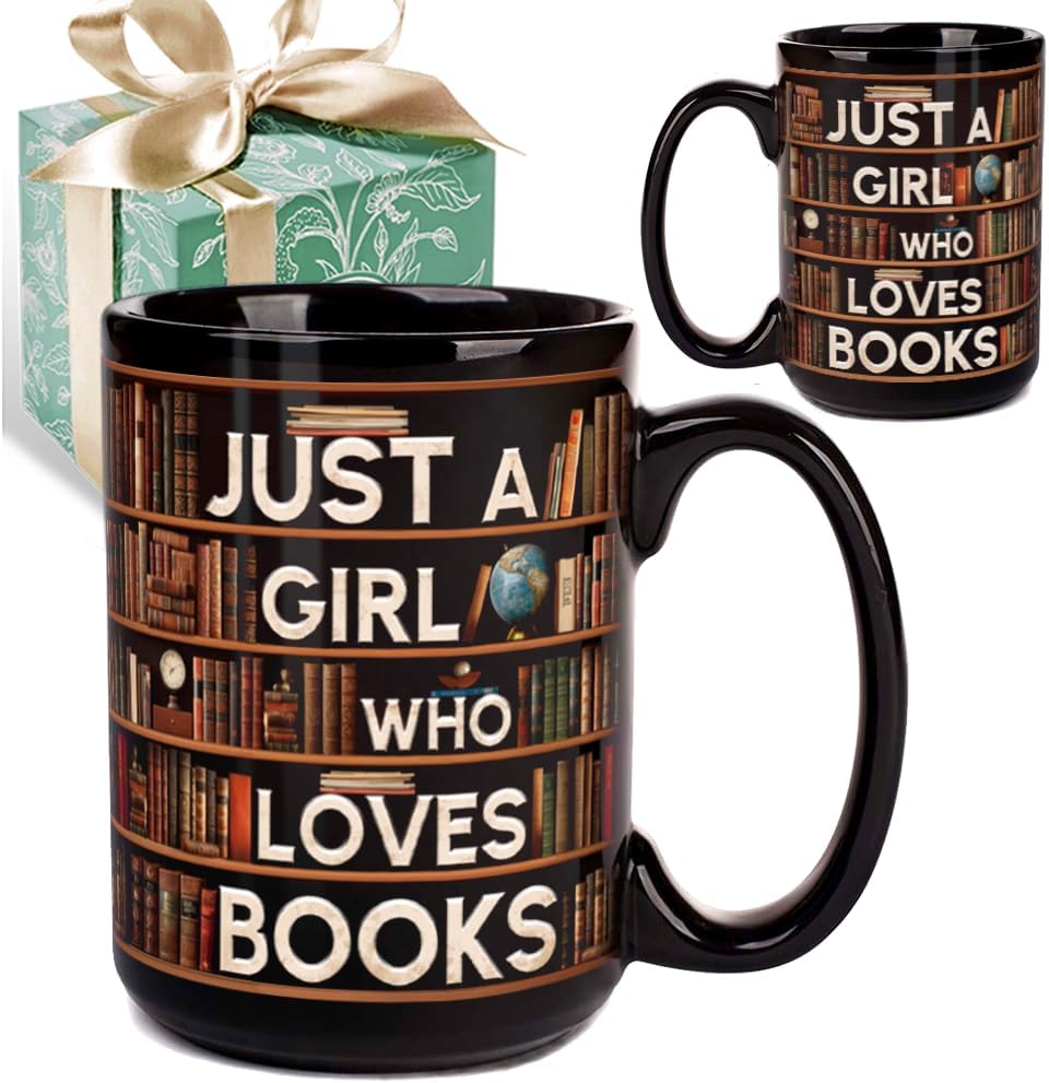 Novelty Book Mug Gift for Women Girl - Just a Girl Who Loves Books Coffee Mug 15oz, Librarian Book Lover Gifts for Reader Bookish Bookworm Writer Birthday