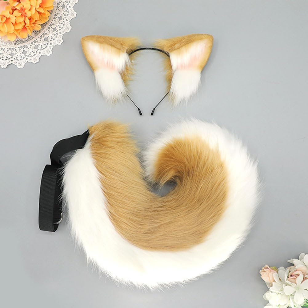 Dog Ears & Tail Cosplay Set Animal Ears Headband Tail with Detachable Waist Strap for Halloween Costume Parties