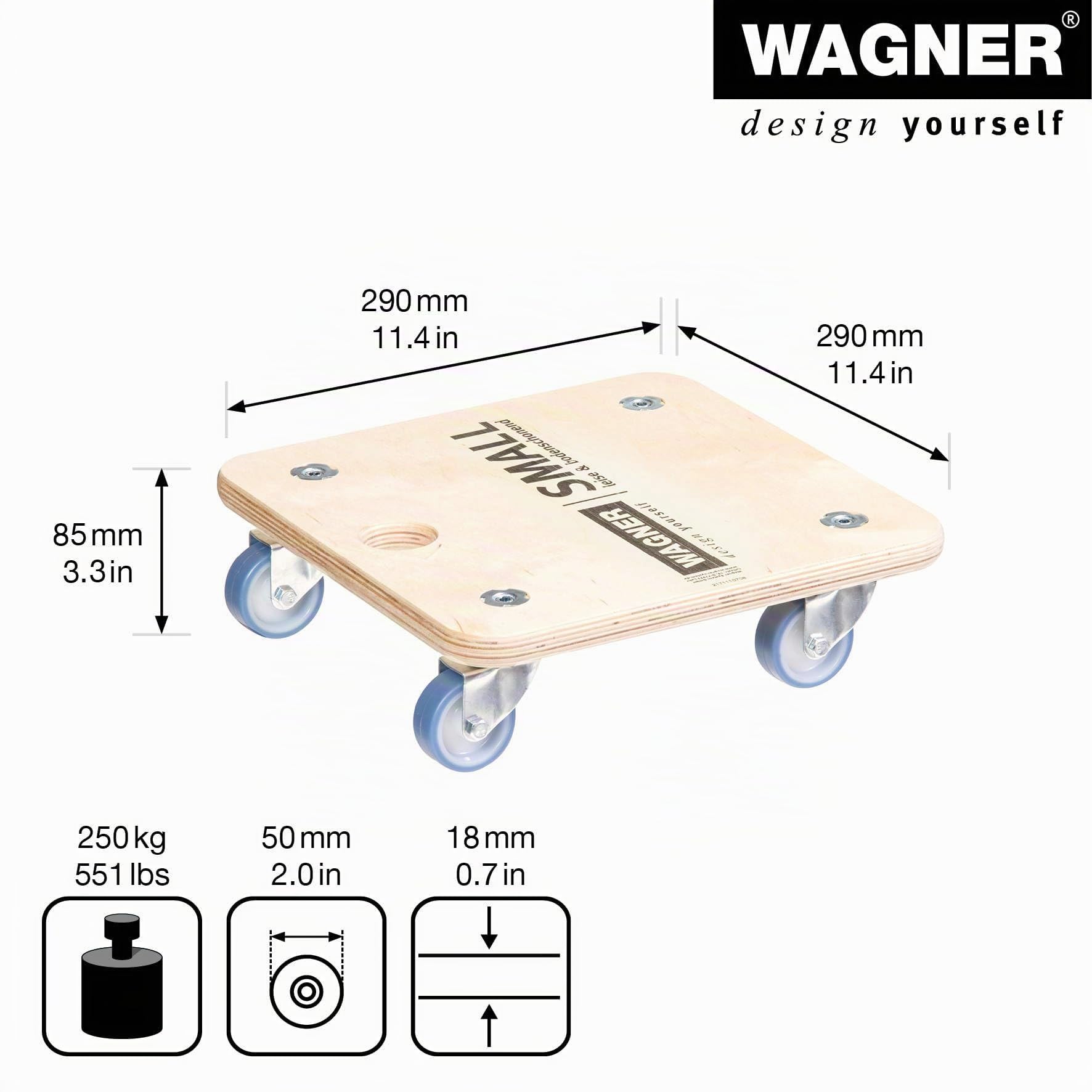 Wagner Chariot de Transport MM 1353 I 29 x 29 x 8,5 cm - Charge 250 kg - pour Objets, équipements et Meubles I Trou de préhension I très Mobile I certifié FSC® - 20135301