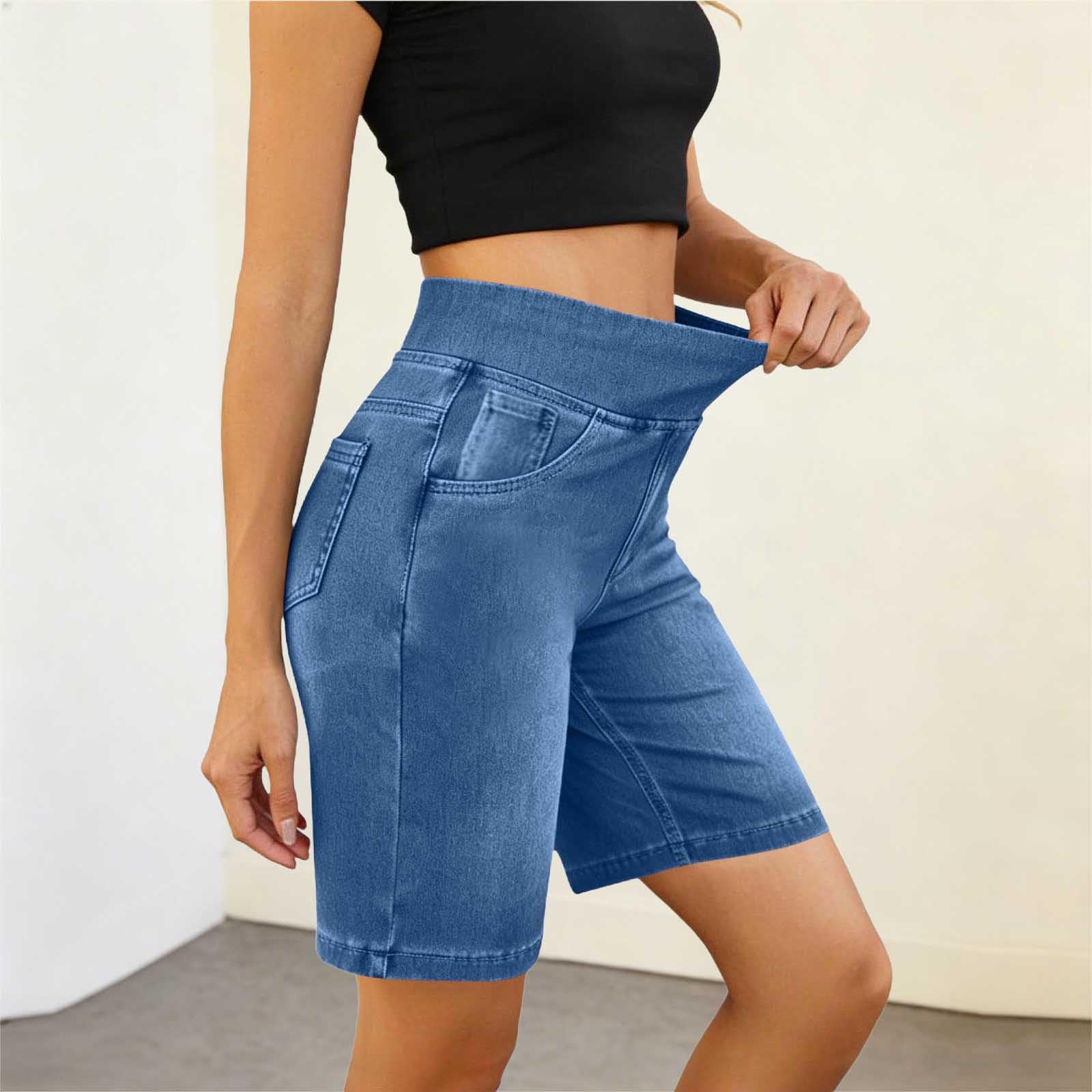 Short Femme Jeans Chic Mode Hot Pants Décontracté Élastique Taille Short Jean Femme D'été Amincissant Bermuda Baggy Taille Haute Vêtements Couleur Unie Pantalon Court avec Poches Tailles S à XXL