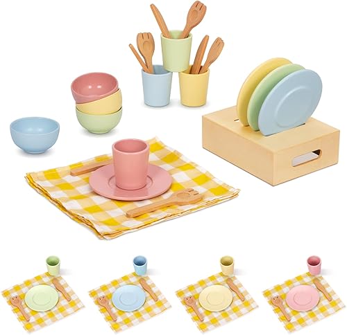 Miniatura 7 de OOOK Juego de platos y platos de madera para niños, 25 piezas de accesorios de cocina de madera, juego de ollas y sartenes Montessori para niños de