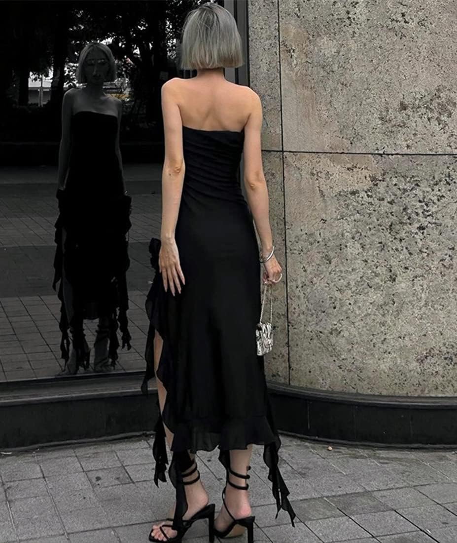 SHESEEWORLD Women's Sexy Fringe Ruffle Sleeveless Backless Off Shoulder Bodycon Split Irregular Hem Maxi Flowy Dress - Image 5