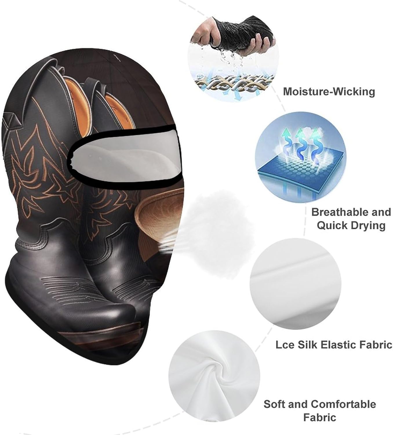 Cowboy Black Hat Western Boots Balaclava Ski Mask Sun Protection Breathable Full Head Mask Full Face Mask Neck Gaiter Windproof Scarf for Motorcycle Skiing Cycling