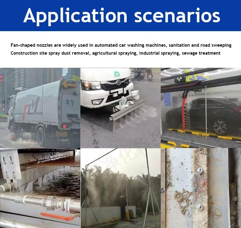 Collage of images showing various applications: car washing, road sweeping, industrial spraying, and cleaning.