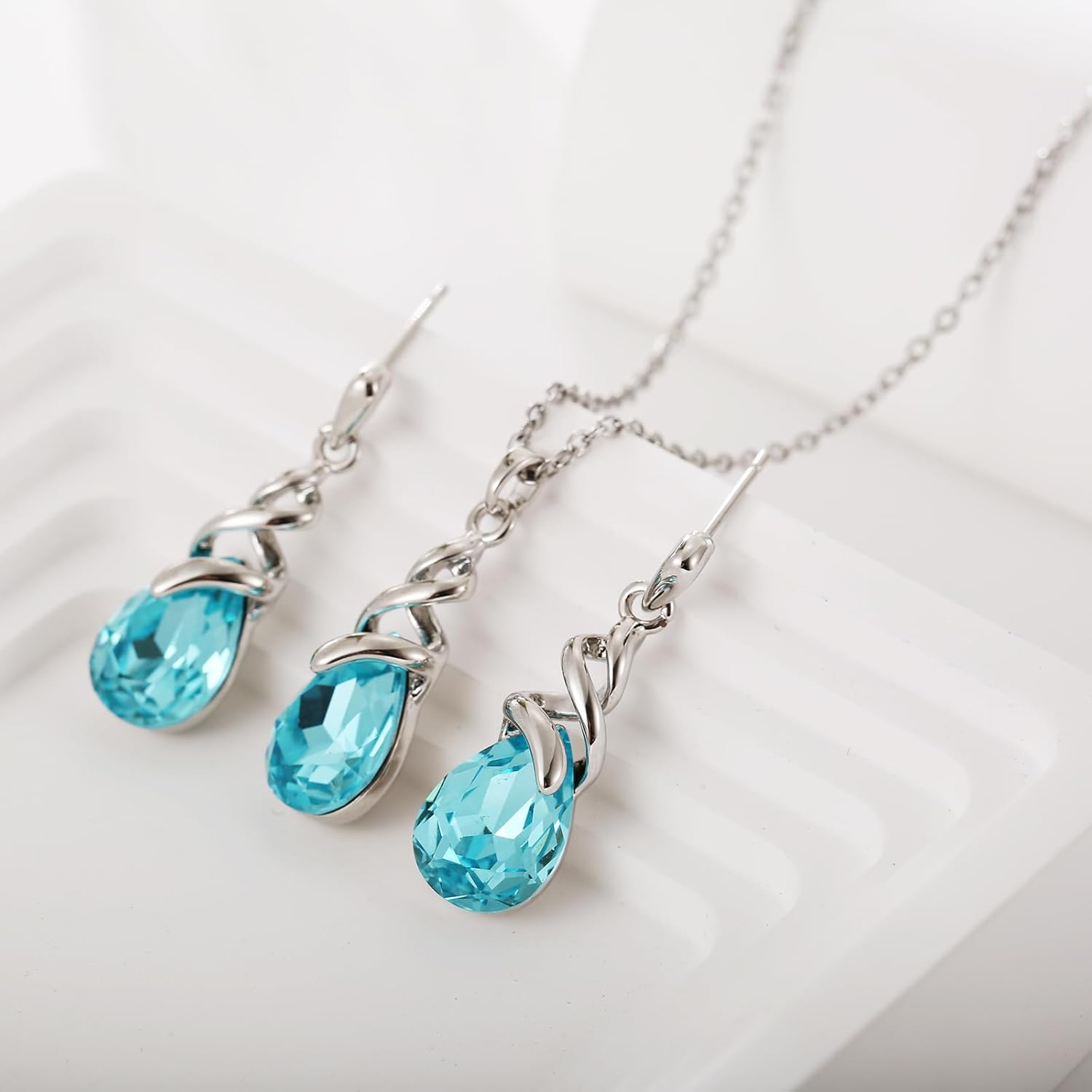 Teardrop Crystal Jewelry Set, Birthstone Pendant Necklace Drop Dangle Earrings for Women - Image 4