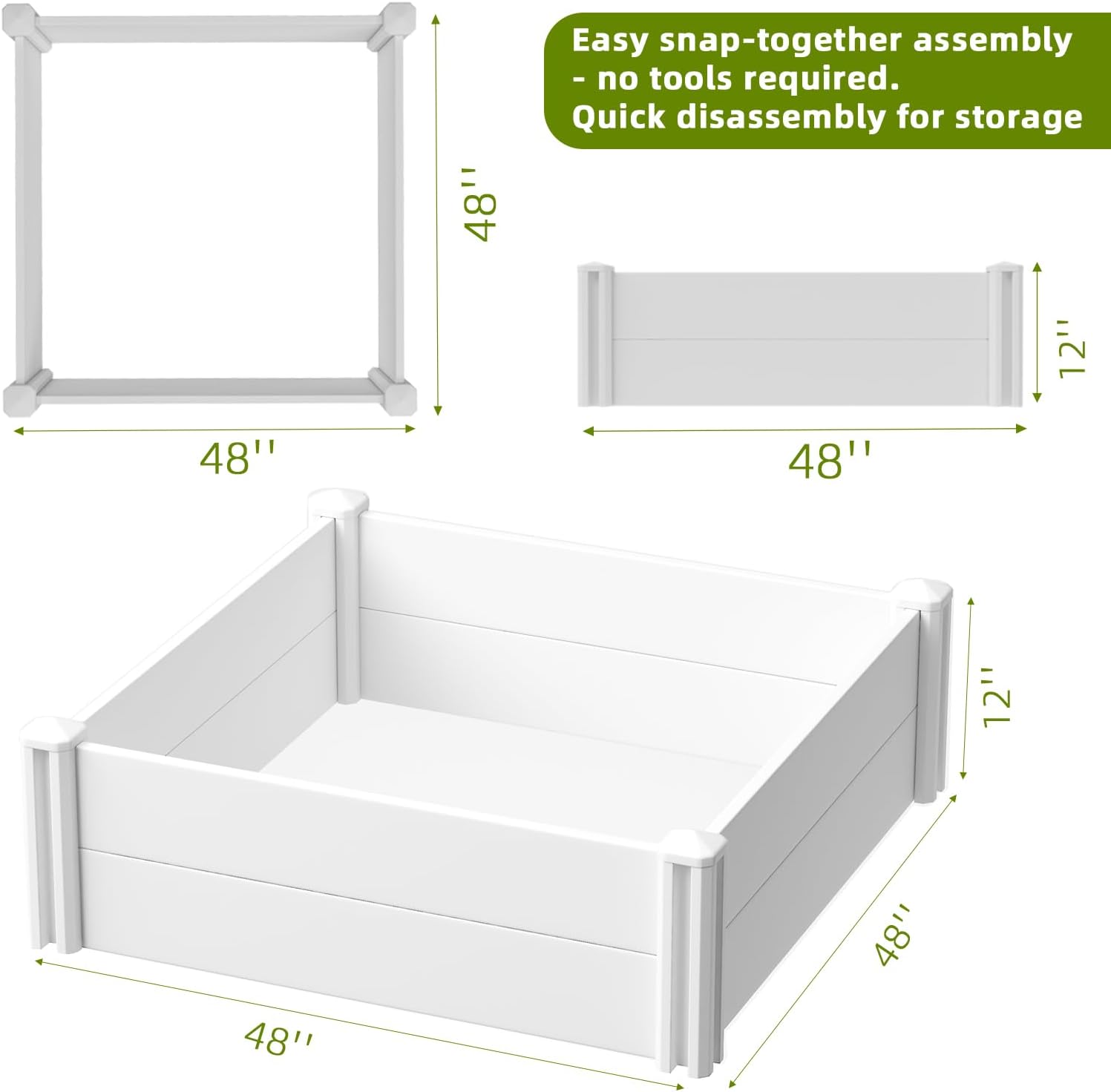 4'x4'x12 White Vinyl Raised Garden Bed Kit | Screwless Modular Planter Box | Outdoor Above Ground Bed for Vegetables, Herbs, Flowers & Whelping Pen