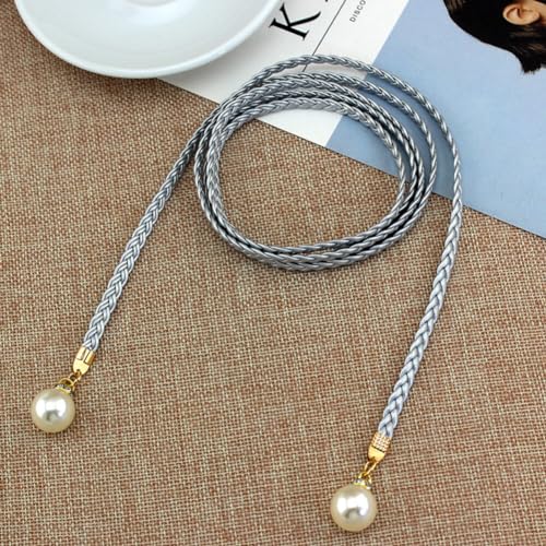 ikasus Women's Waist Belt, Braided Woven Tassels Chain Belt PU Leather Rope Belt with Pearl, Boho Fringe Belt for Dress, Silver3